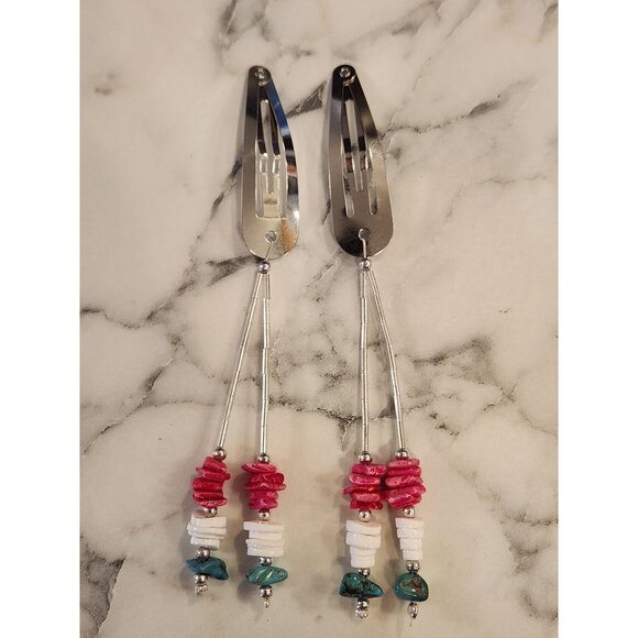 Silver Tone Hair Clips Barrettes With Beaded Dangling Strings Set of 2 - Picture 2 of 3